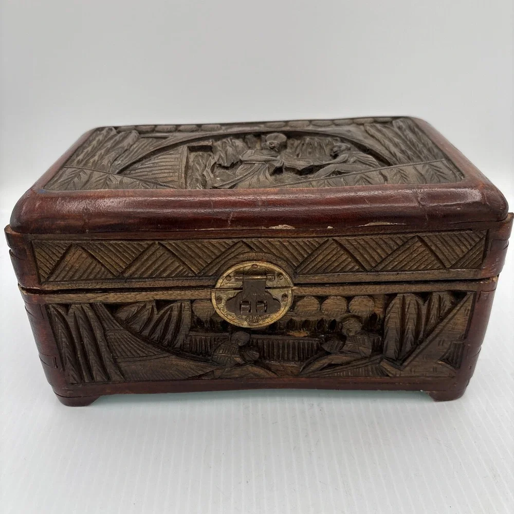 Vintage Carved Wood Jewelry Box Scene On Lid